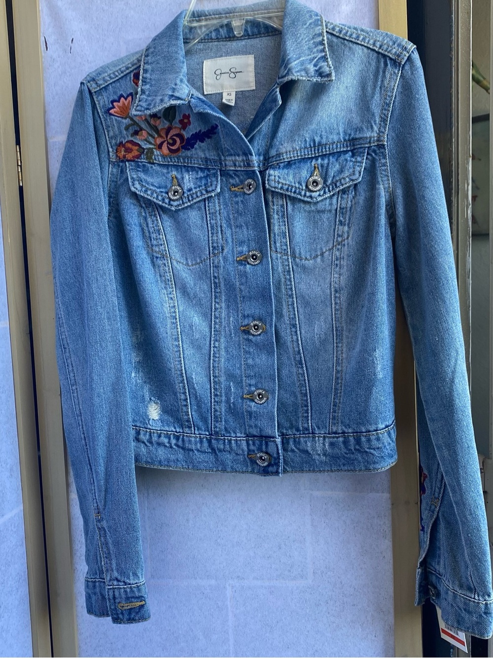 Jessica Light Blue Denim Jacket with Floral Embroidery